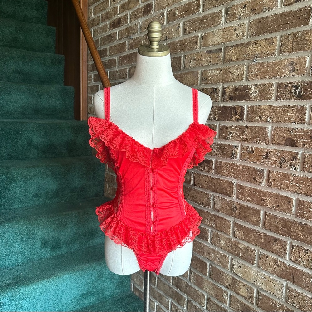 VTG 80s 90s Bright Cherry Red Ruffle Teddy Lace Bodysuit Lingerie